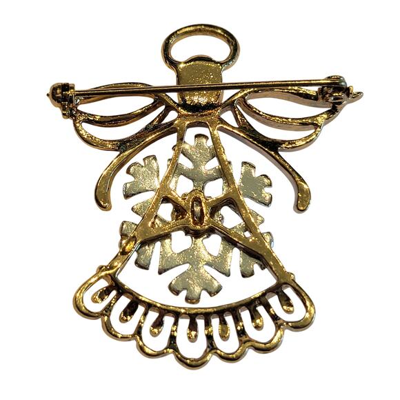 Vintage Angel Snowflake Brooch Gold Tone Rhinestone & Faux Pearl Christmas Pin - Picture 2 of 7